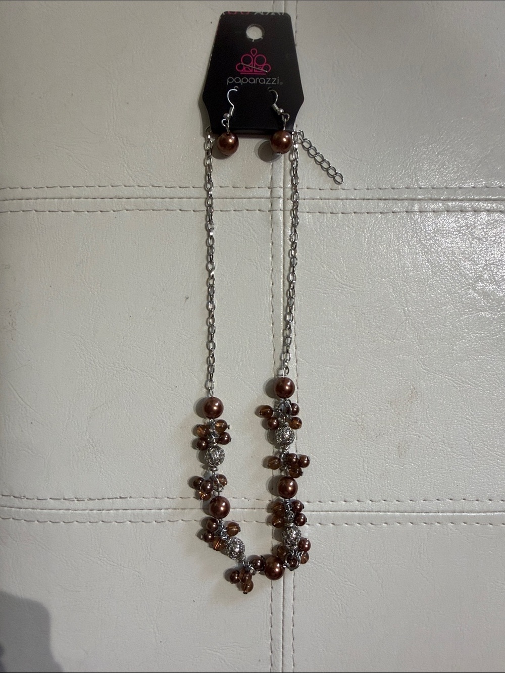 paparazzi Bronze Pearl Cluster Necklace with Silver Accents and earrings